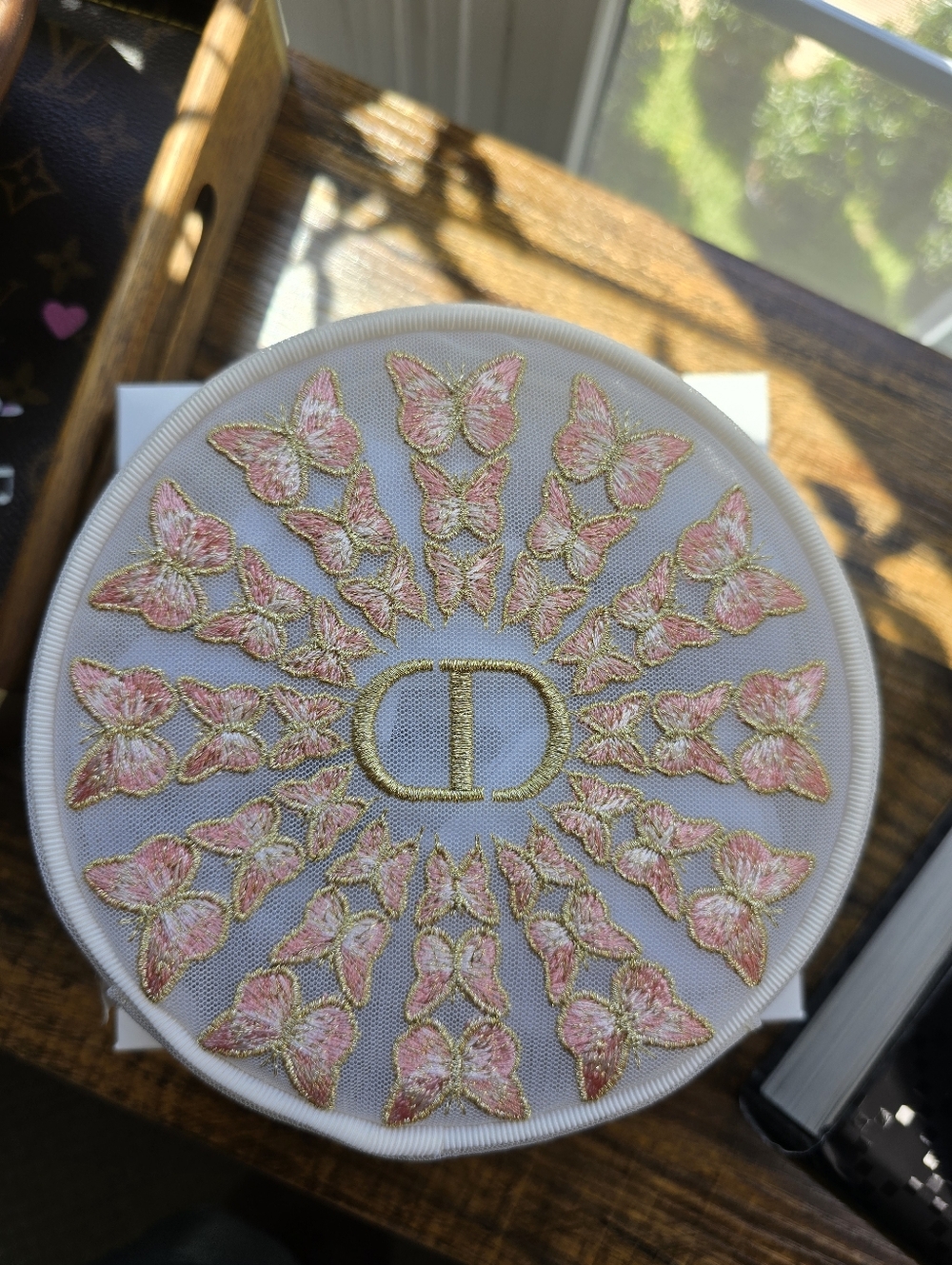 Dior Beauty 2026 Mother's Day Pink & Gold Embroidered Butterfly Round Mesh Pouch